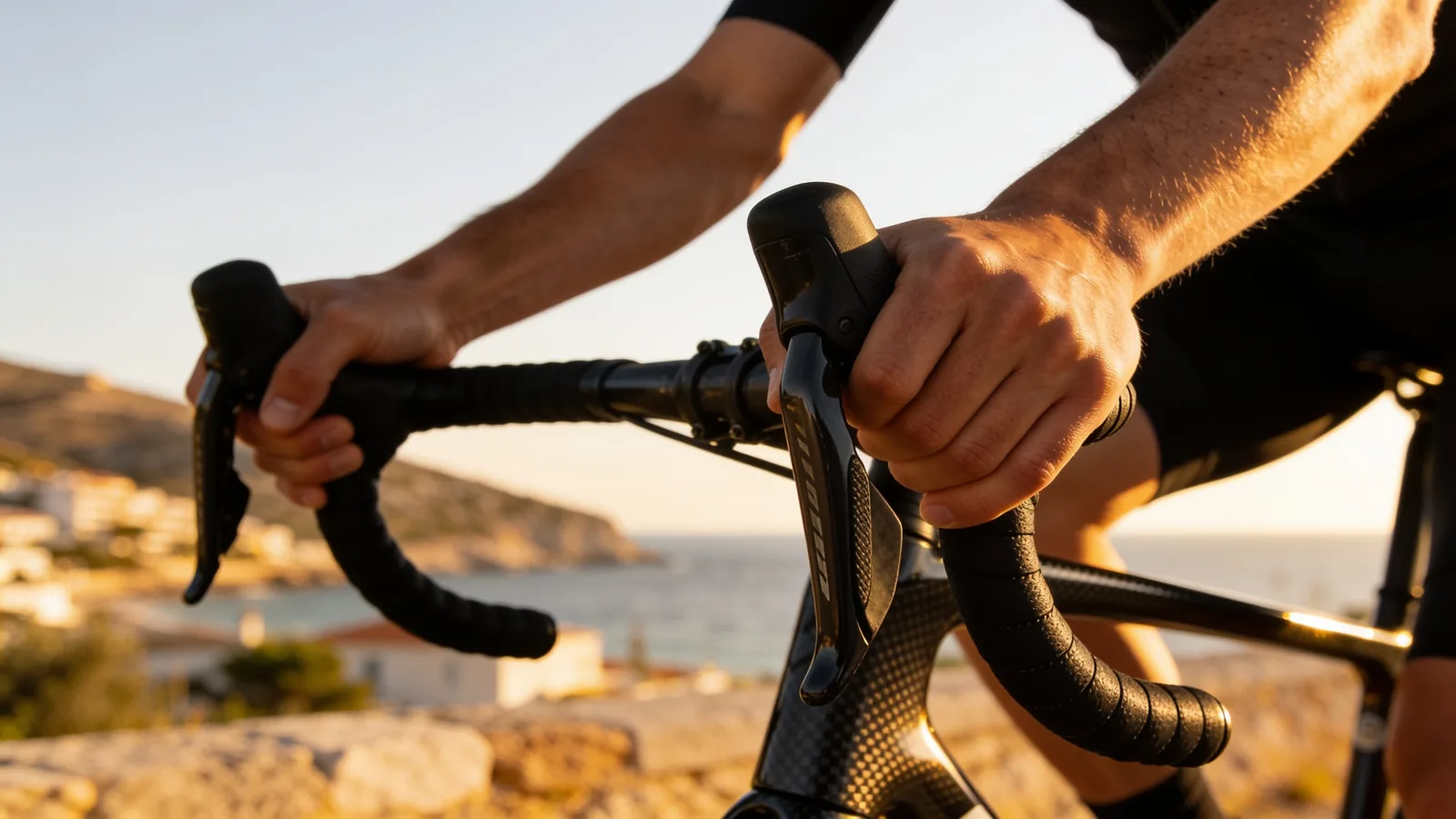 Cyclist's hands on the hoods, Mallorca coast at golden hour