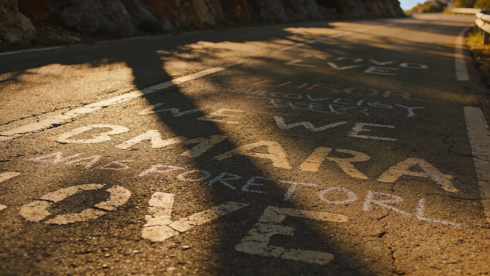 Painted rider names on a Mallorca climb at golden hour